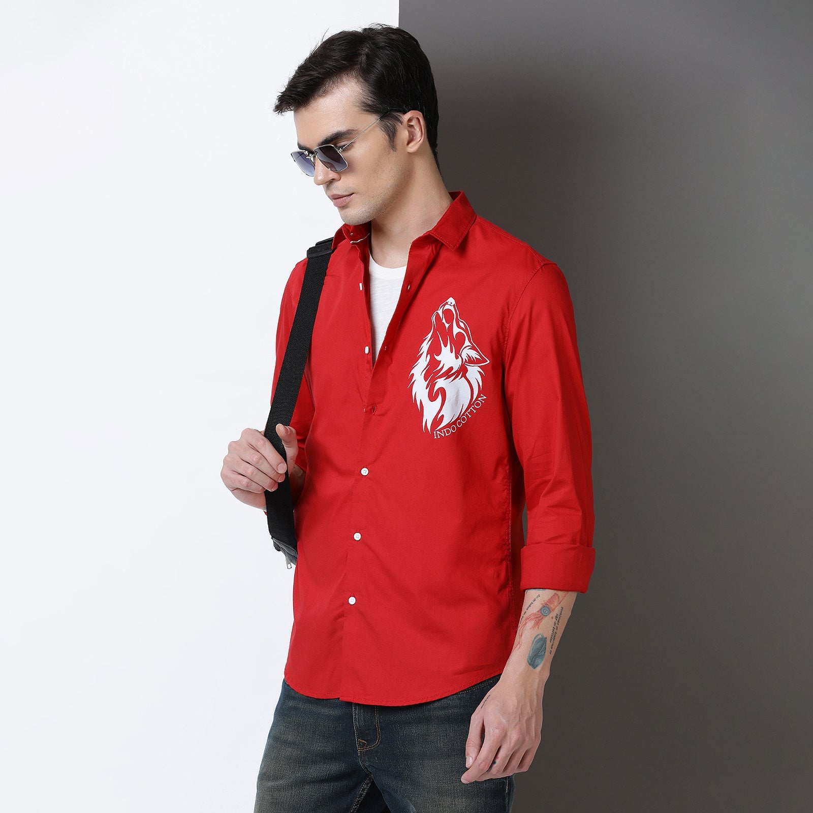 Red Colour With White Print Full Sleeve Shirt