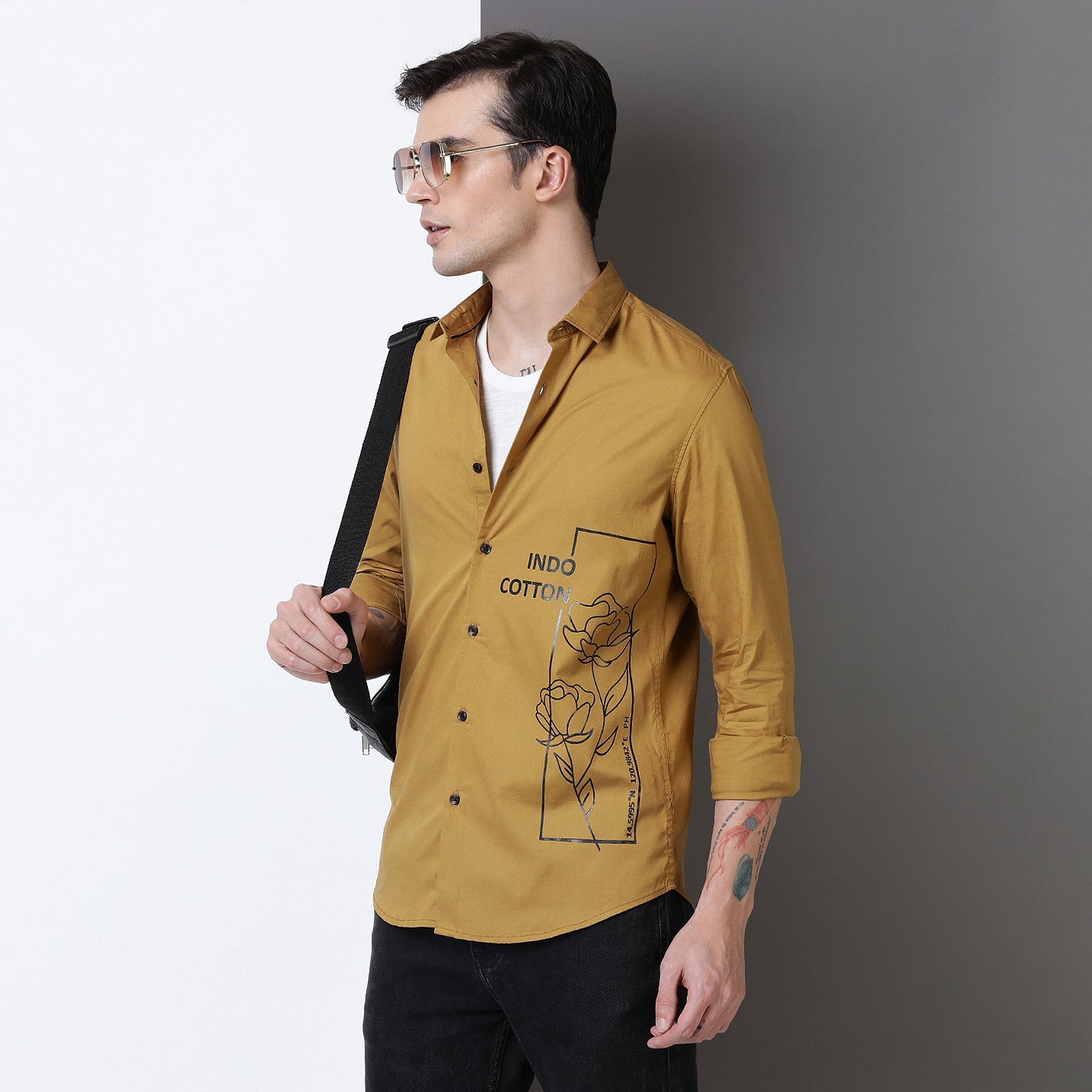 Mustard Colour With Black Print Full Sleeve Shirt