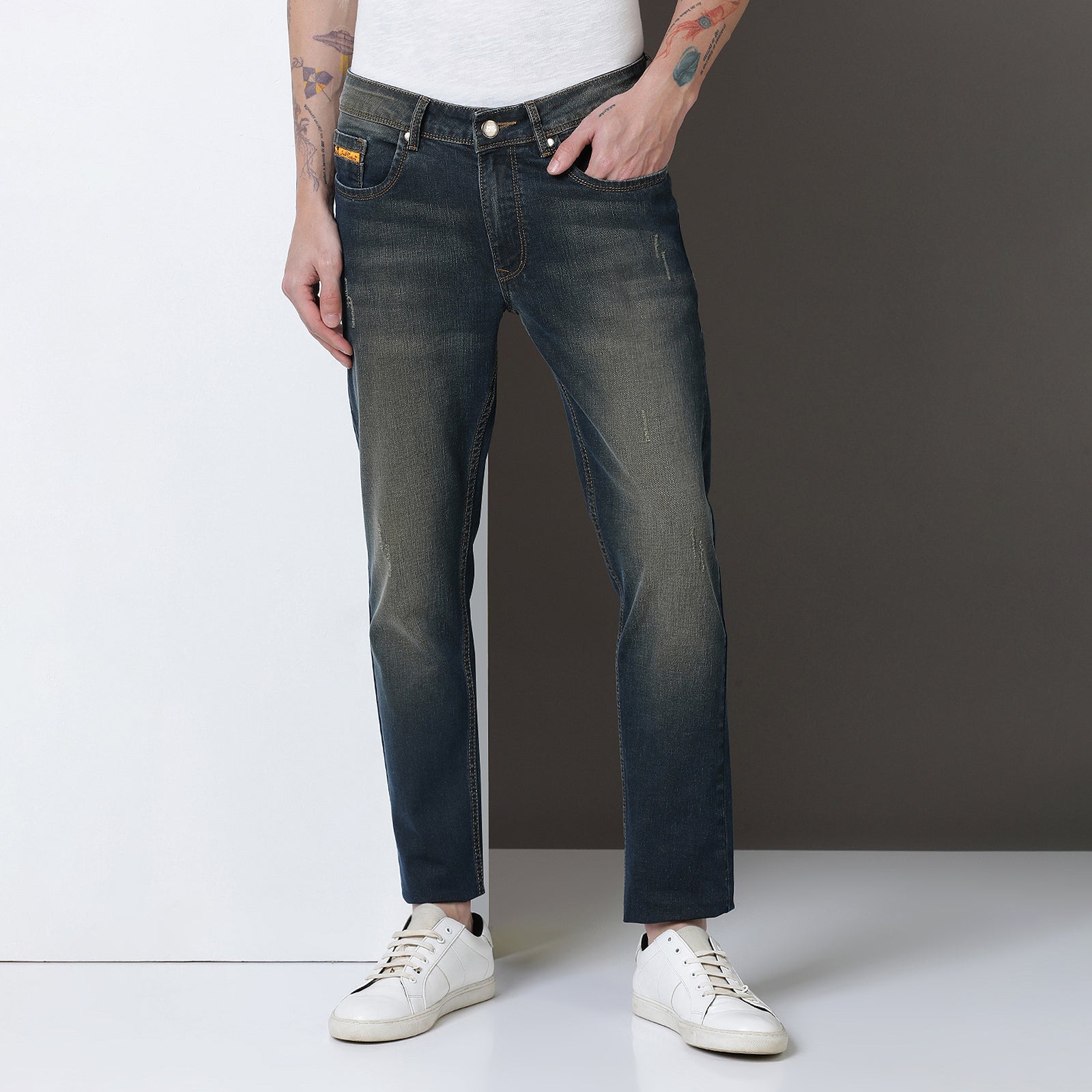 Medium Wash Navy Midrise Slim Fit Jeans