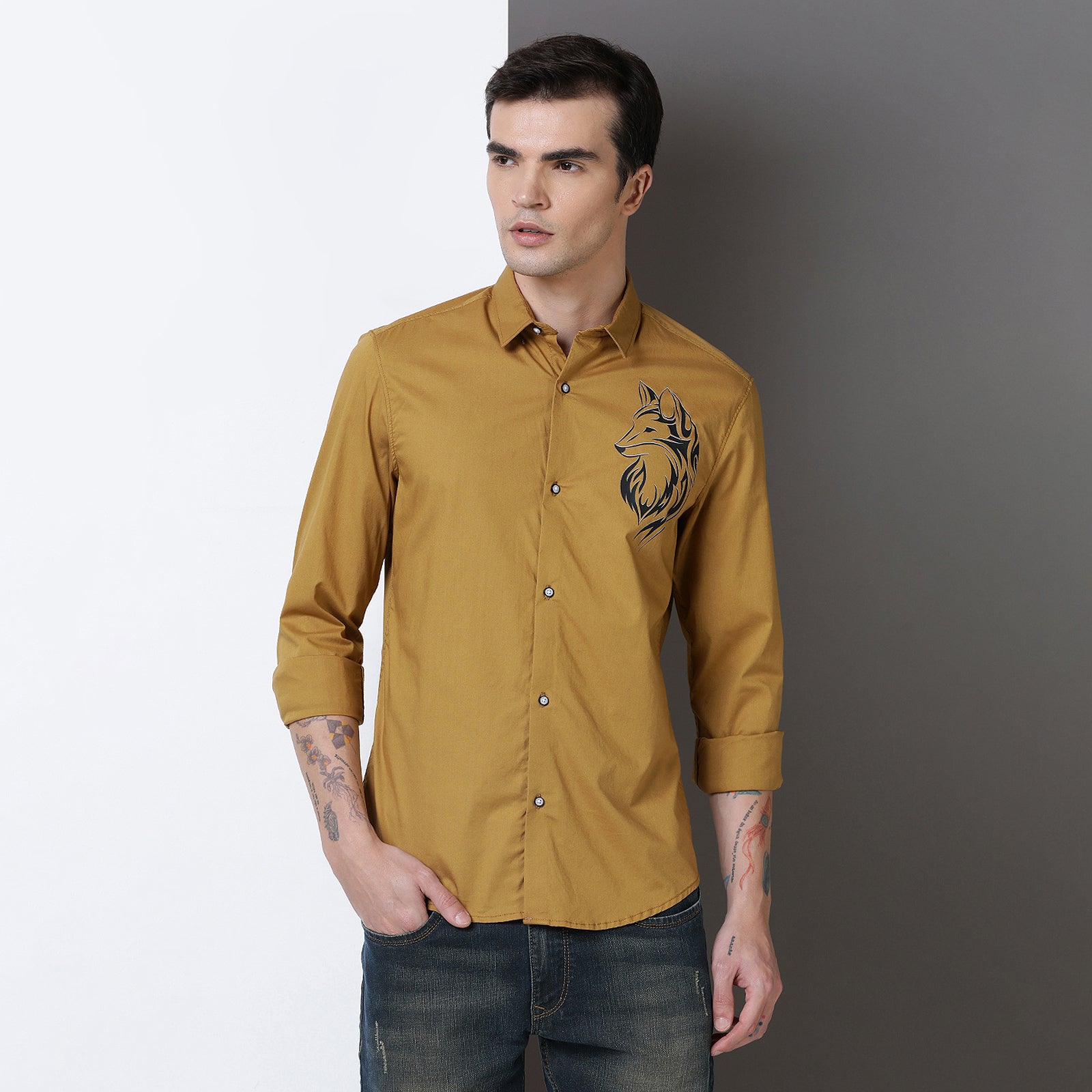 Mustard Color With Black Print Full Sleeve Shirt