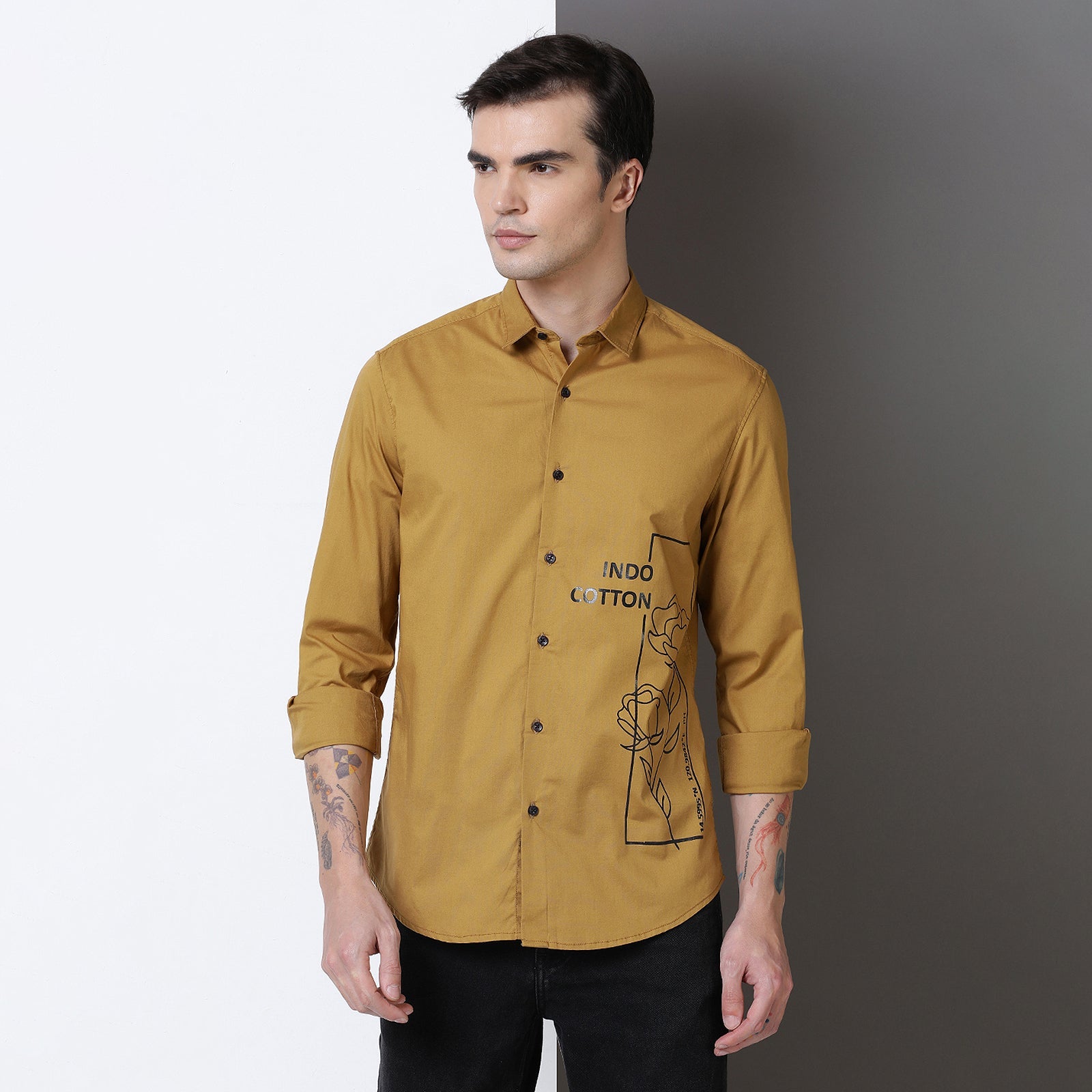 Mustard Colour With Black Print Full Sleeve Shirt