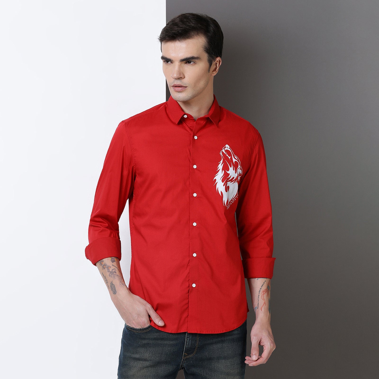 Red Colour With White Print Full Sleeve Shirt