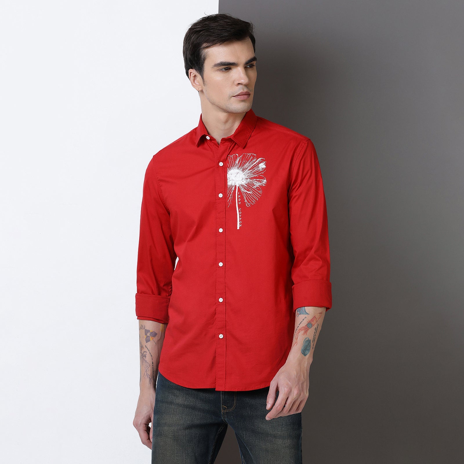 Red Colur With White Print Full Sleeve Shirt