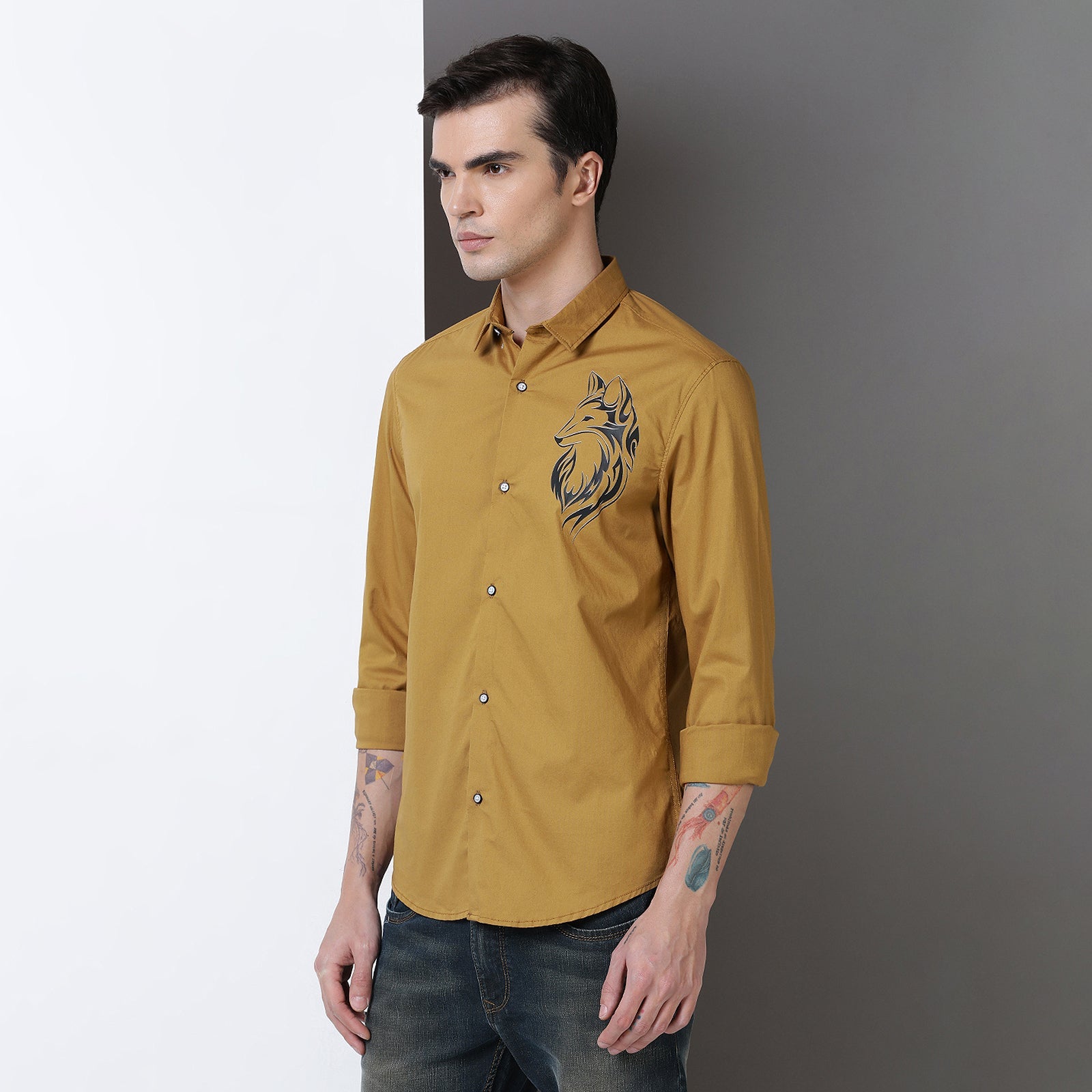 Mustard Color With Black Print Full Sleeve Shirt