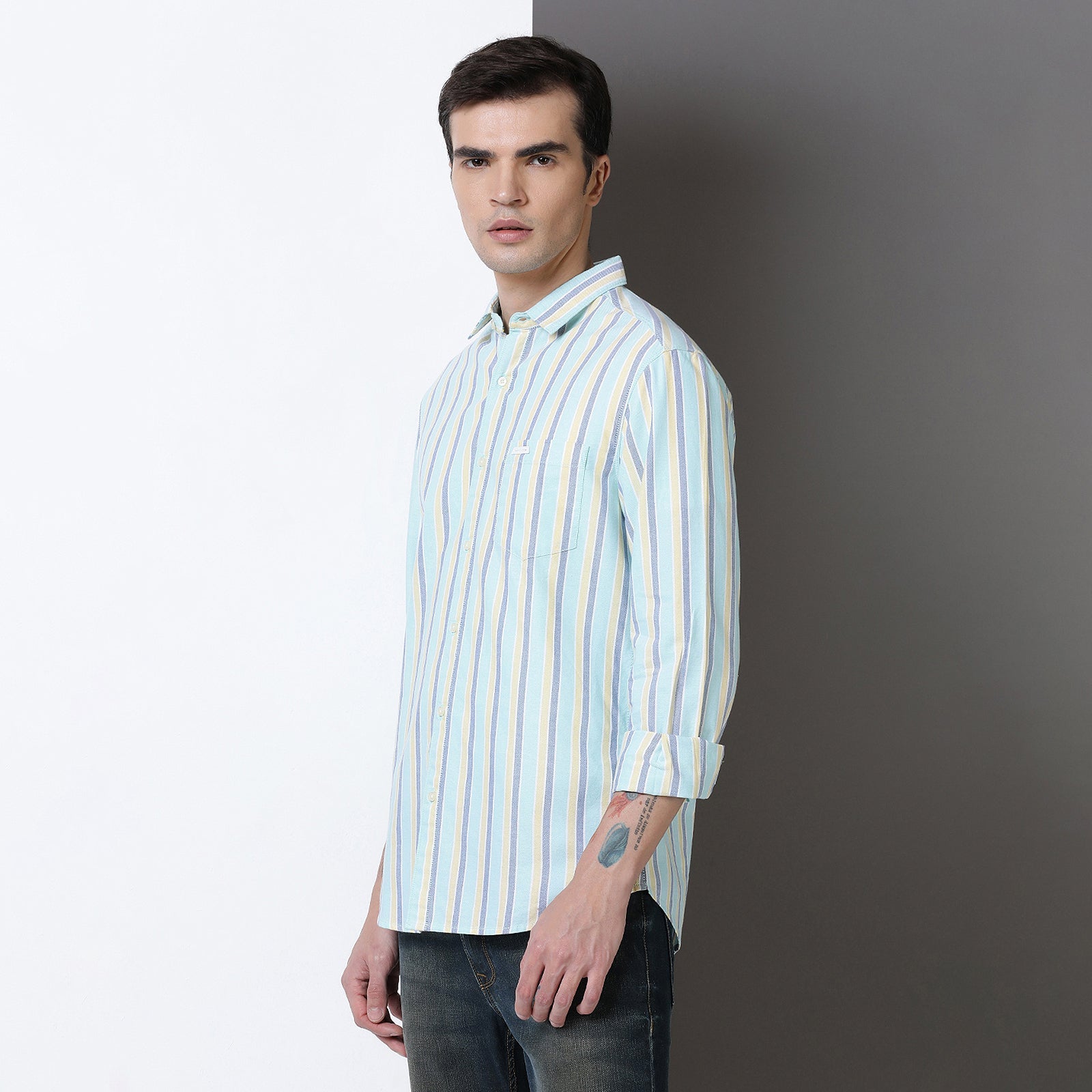 Green & navy yarn dyed full sleeve shirt