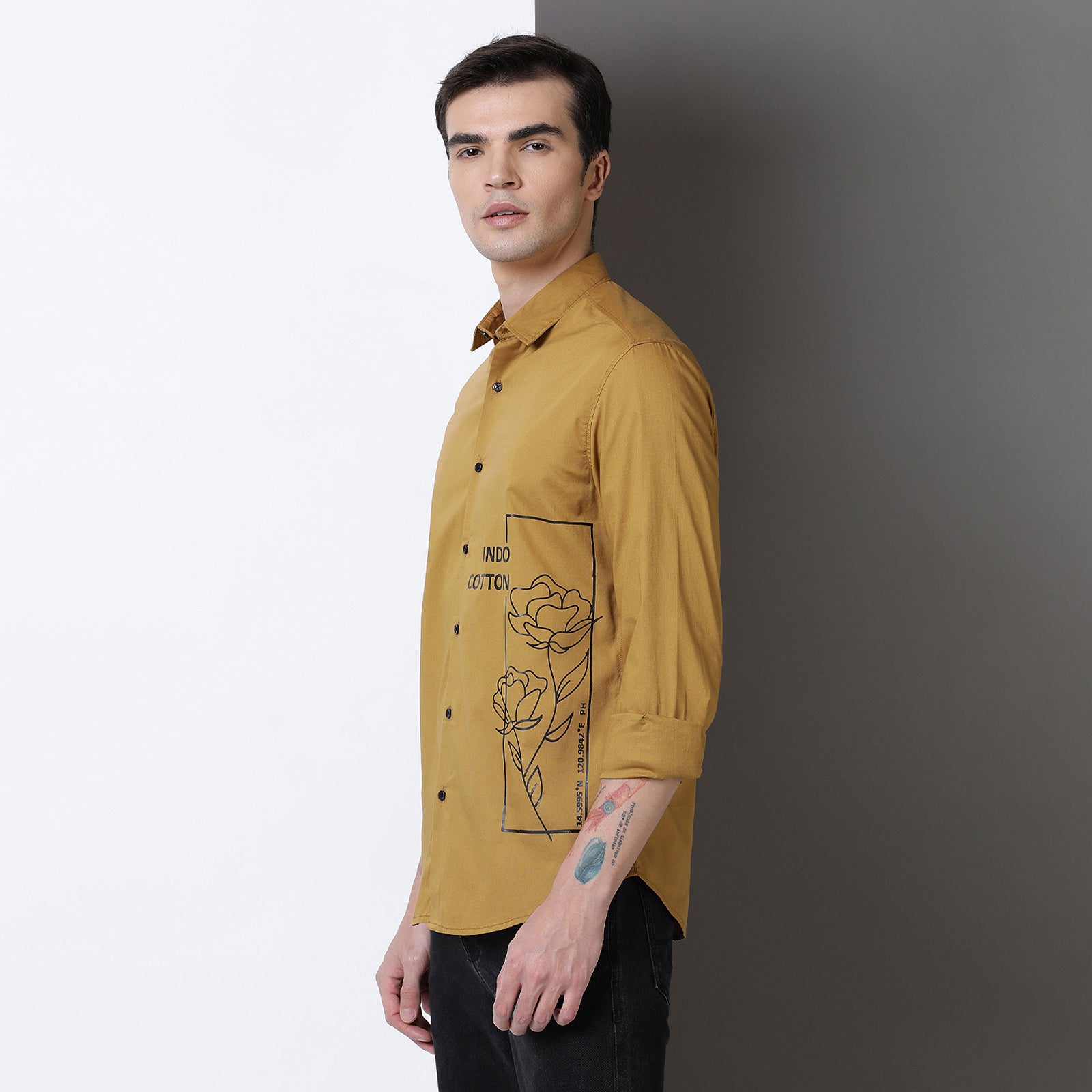 Mustard Colour With Black Print Full Sleeve Shirt