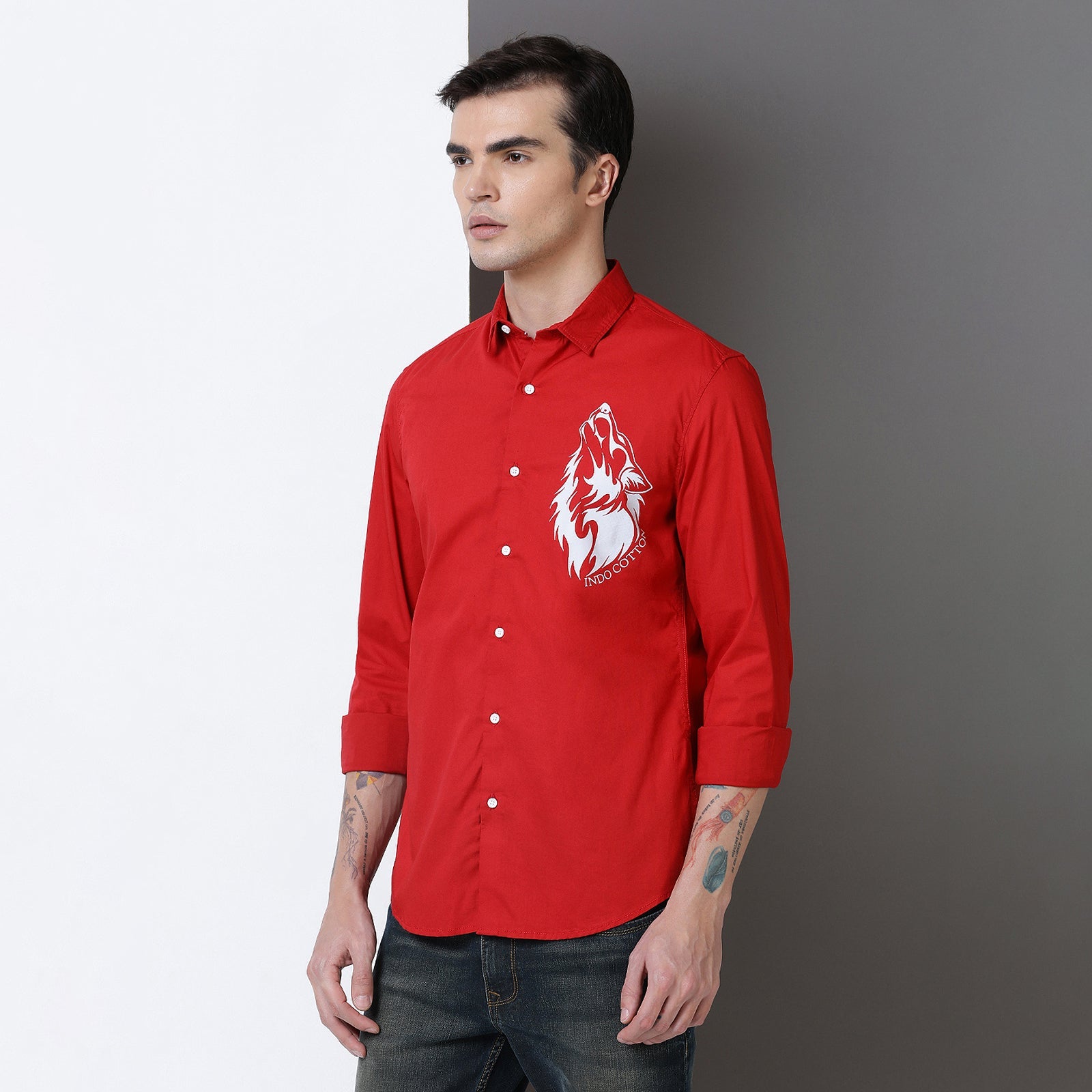 Red Colour With White Print Full Sleeve Shirt