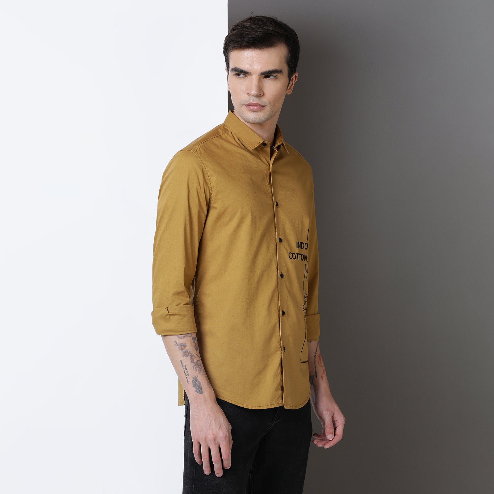 Mustard Colour With Black Print Full Sleeve Shirt