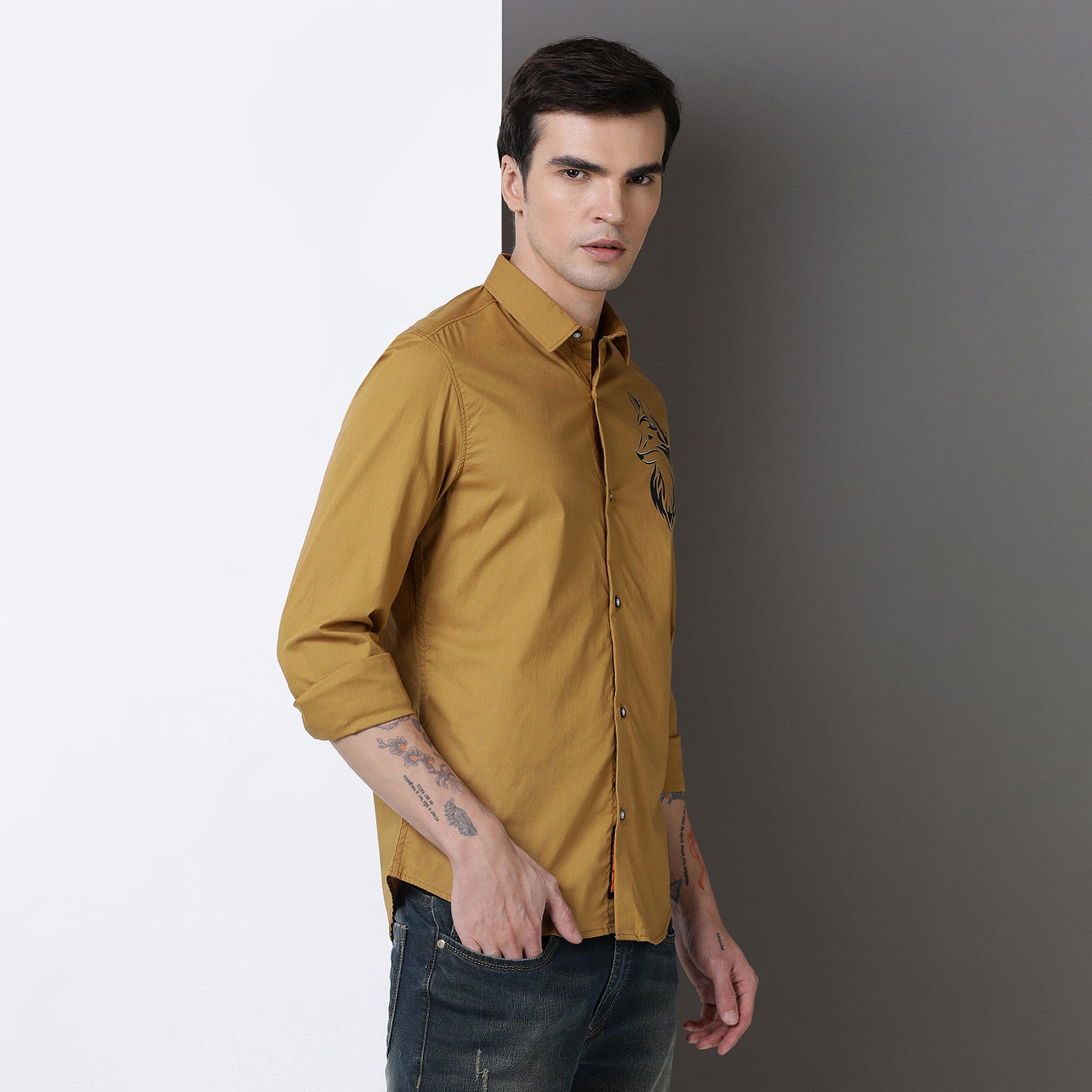 Mustard Color With Black Print Full Sleeve Shirt