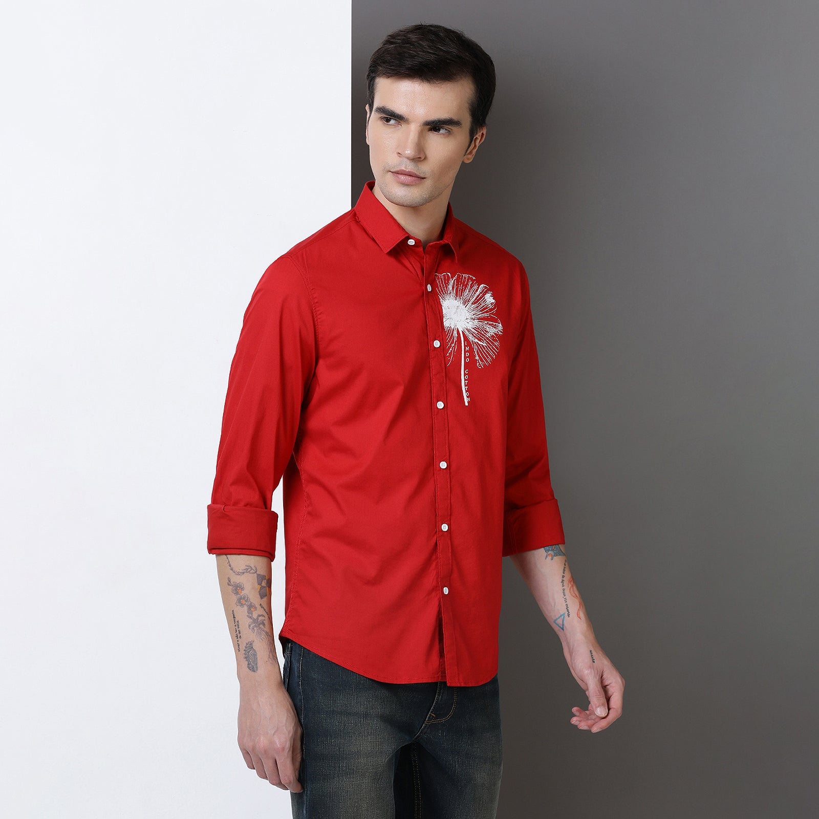 Red Colur With White Print Full Sleeve Shirt