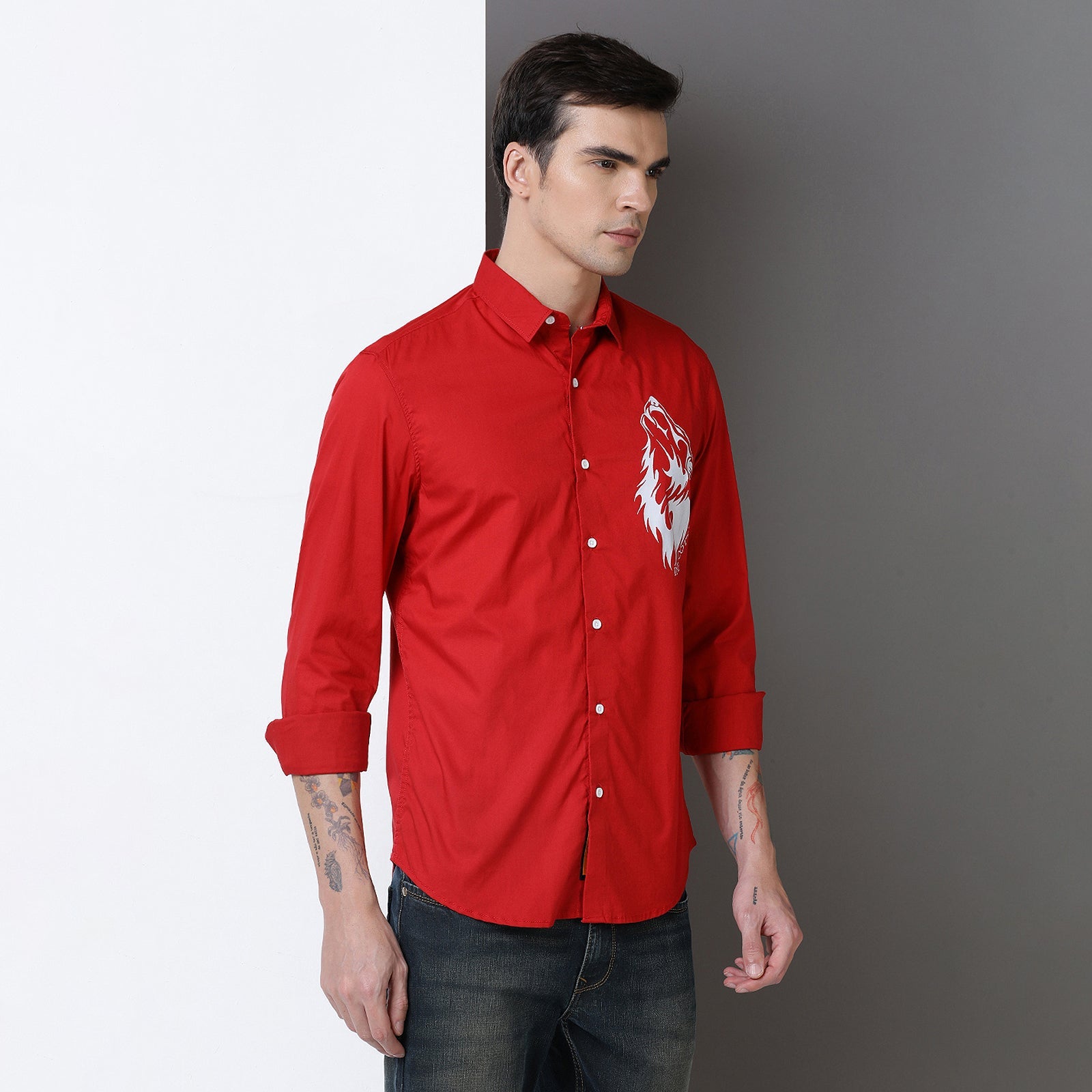 Red Colour With White Print Full Sleeve Shirt