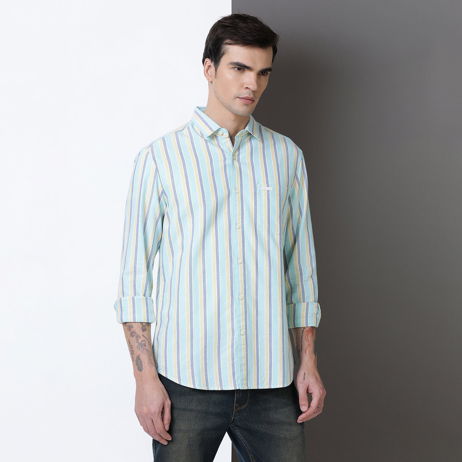 Green & navy yarn dyed full sleeve shirt